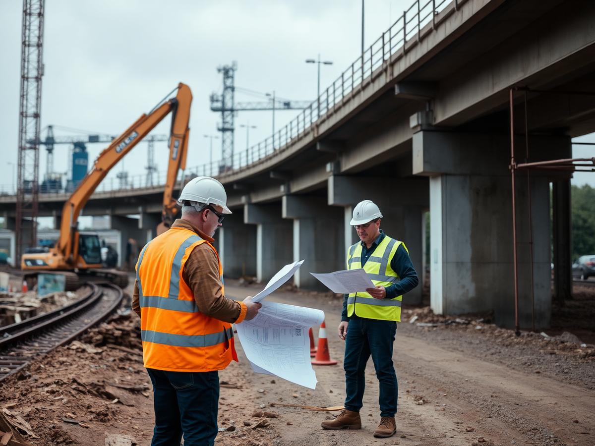 Civil engineering infrastructure works with bridge construction and engineers reviewing drawings