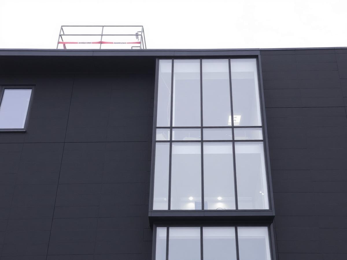 Modern building façade with curtain walling and cladding panels being installed