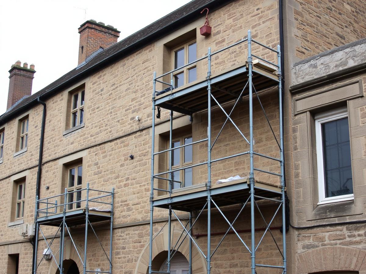 Historic stone building under heritage restoration with scaffolding and masonry repairs