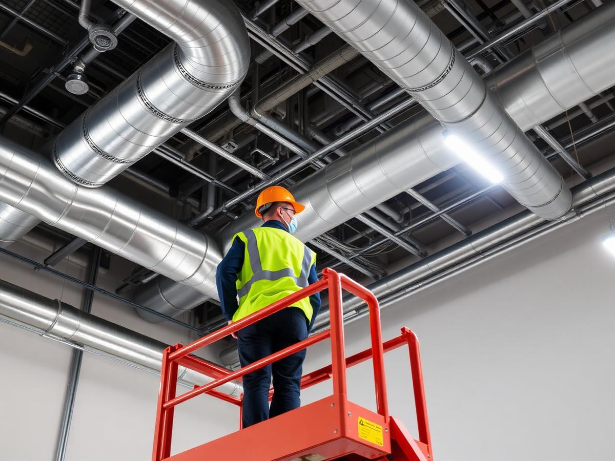 Mechanical and electrical services installation with ductwork and cable trays in a commercial building