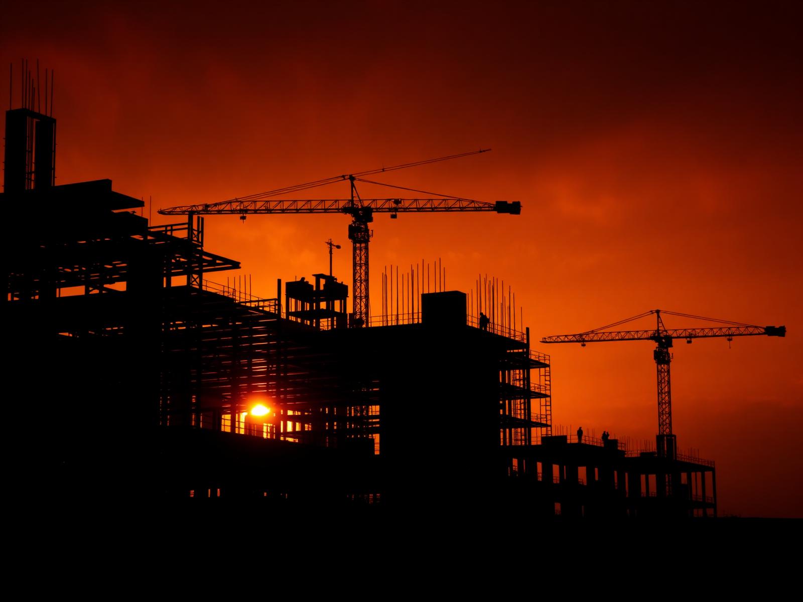 Construction site at sunset with cranes