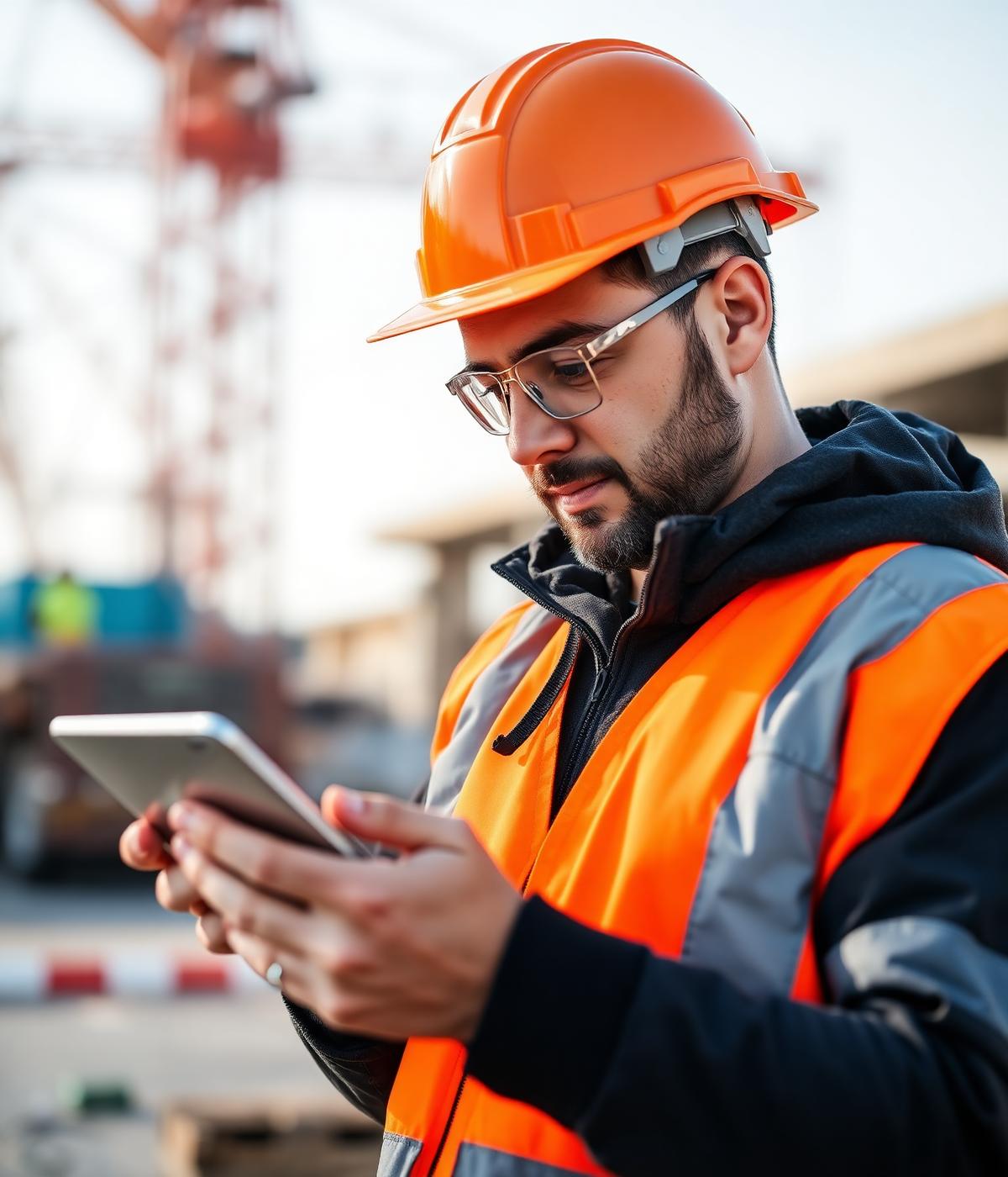Construction worker checking site data on tablet